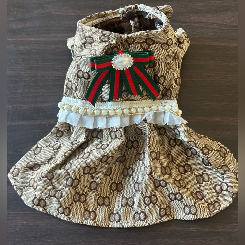 Elegant Tan Patterned Dog Dress with Bow